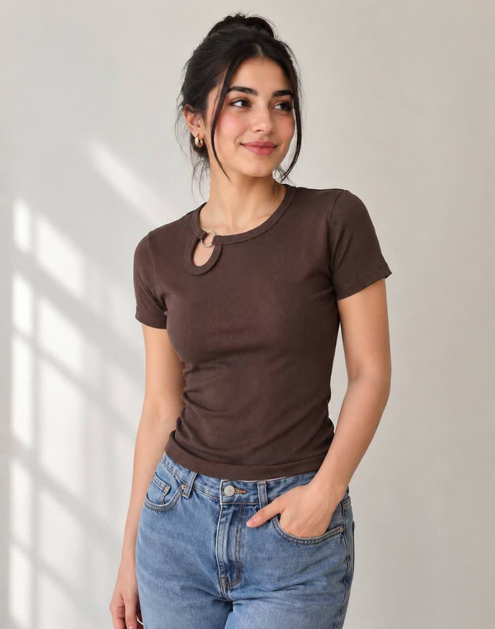 تاپ زنانه کبریتی سوپر پنبه استین کوتاه یوراشکی حلقه دار